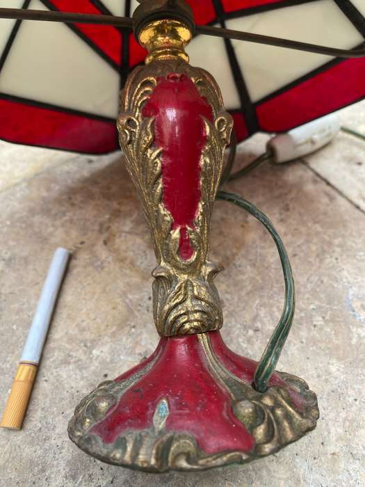 Vintage small Tiffany lamp style stained glass brass enamelled base