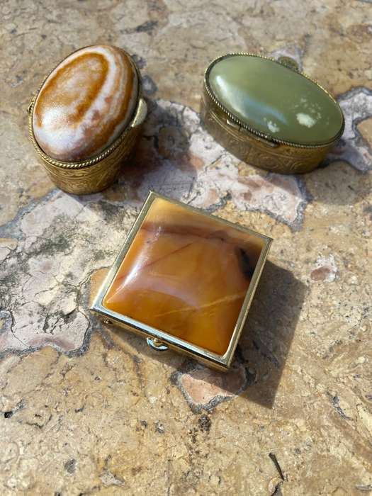 vintage oval stone Gold tone Trinket box lot of three one square