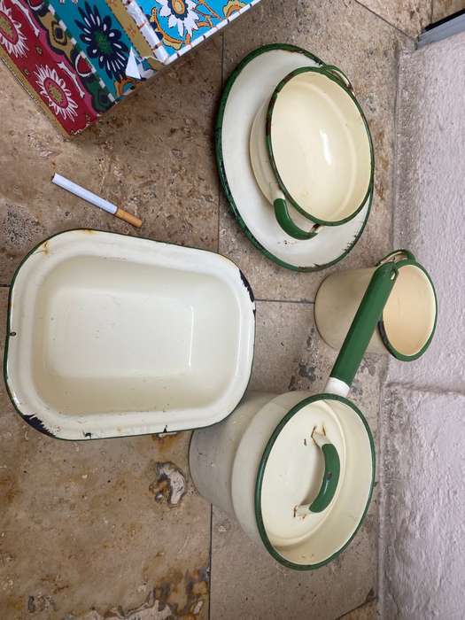 Vintage kitchen heavy enamel lot , pot plate bowl mug and tray lot , cream and green judge