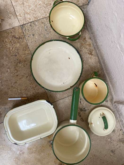 Vintage kitchen heavy enamel lot , pot plate bowl mug and tray lot , cream and green judge