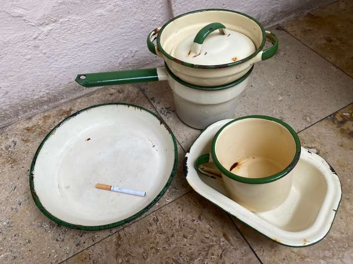 Vintage kitchen heavy enamel lot , pot plate bowl mug and tray lot , cream and green judge
