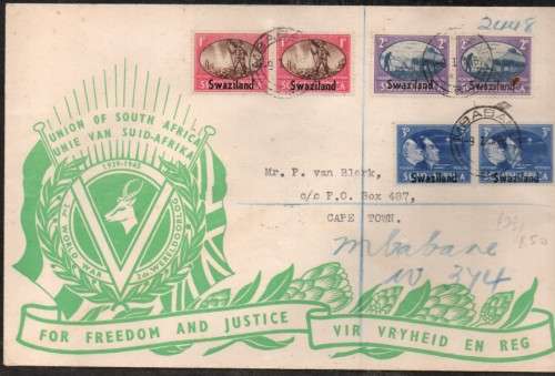 Swaziland, GVIR, Victory set , souvenir cover MBABANE 9 I 46 c.d.s. Registered (m/s) > Cape Town NO