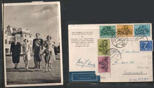 Netherlands, Prins Bernhard Fonds card, used HILVERSHUM 3 VII 1953 > S.Africa (1952 child welfare se