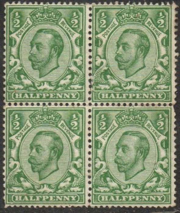 Great Britain GVR, 1911, 1/2d, perf 14, block of 4, top MH*, lower MNH **