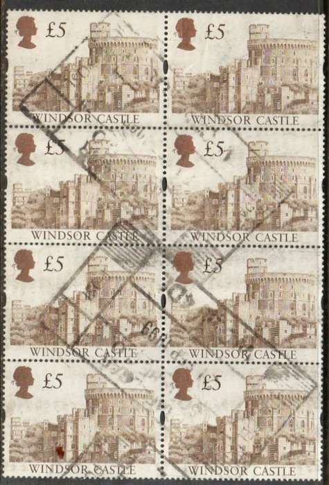 Great Britain EIIR, £5, Windsor castle block of 8, used boxed parcels cancellation.