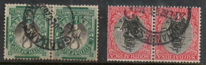South Africa, 1926, London ptg, 1/2d, 1d, inverted watermark, pairs,used