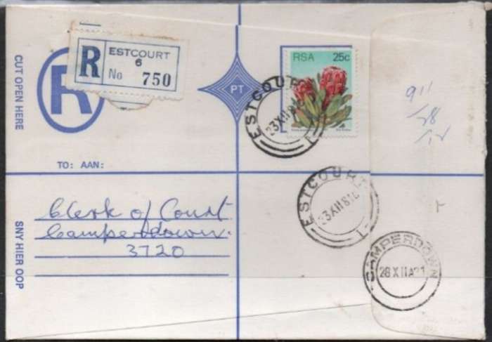 South Africa:1981 Registered,25c ESTCOURT 23 XII 81 c.d.s.. > CAMPERDOWN 28 XII 81 arrival