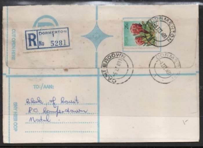South Africa:1981 Registered,25c DORMERTON 4 III 81 c.d.s.. > CAMPERDOWN 5 III 81