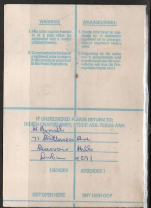 South Africa:1981 Registered,25c, CINDA PARK 22 XII 81 c.d.s.. > CAMPERDOWN 28 XII 1981, BENONI tra