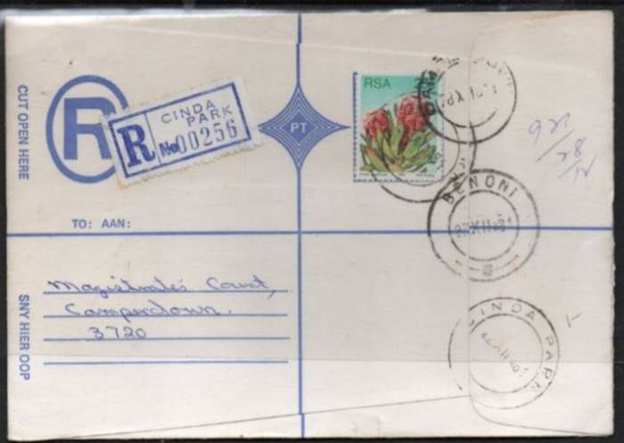 South Africa:1981 Registered,25c, CINDA PARK 22 XII 81 c.d.s.. > CAMPERDOWN 28 XII 1981, BENONI tra