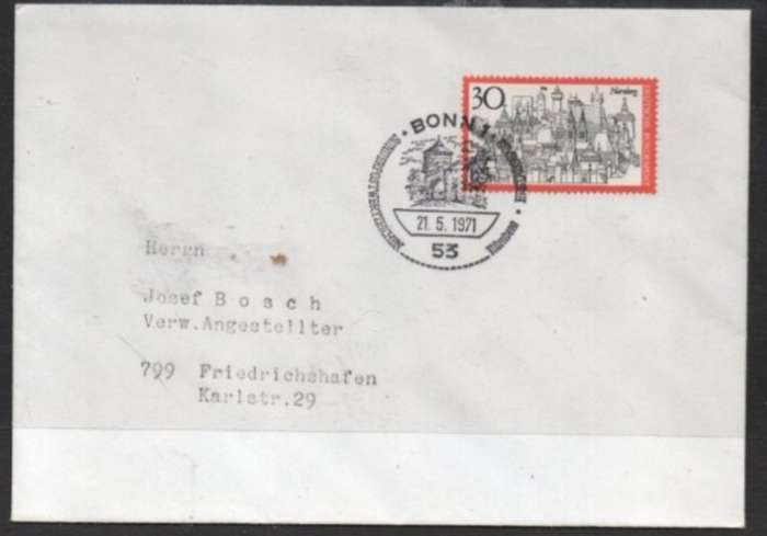 Germany, plain, private First Day Cover Nurnberg, 30 pf, BONN1 21/5/1971 special c.d.s.