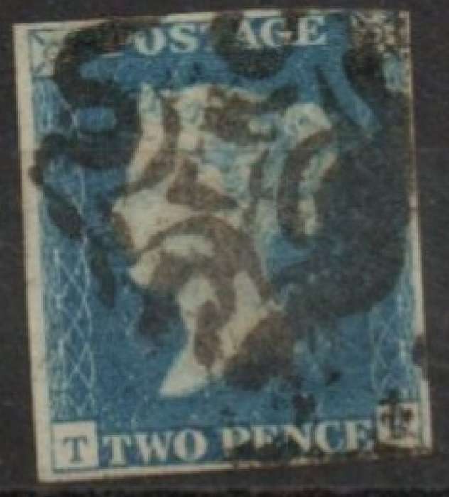 Great Britain,VRI, 1840, 2d blue, used, black Maltese Cross, margins very close / touching NE corne