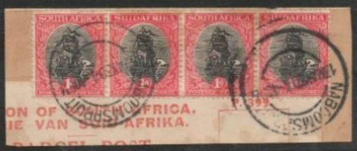 South Africa, Union, London ptg, 1d strip of 4, perf 14 x 14, used NABOOMSPRUIT on fragment