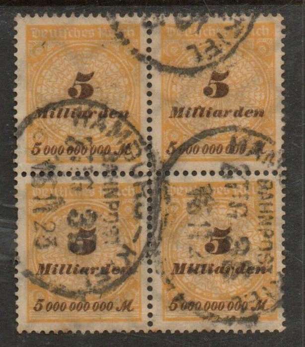 Germany, inflation, 1923, 5 Millarden, block of 4, used HAMBURG - KIEL BAHNPOST ZUG 38 15.11.23 ova
