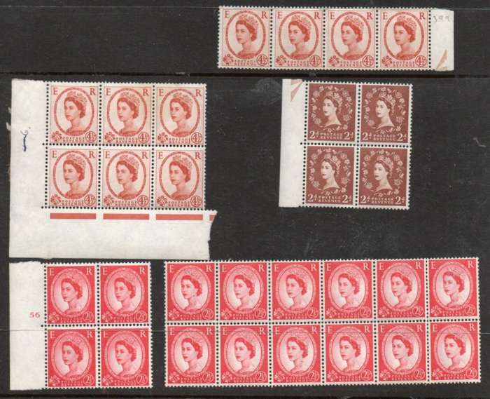 Great Britain EIIR, 1958 -65, 2d, 2 1/2d, 4 1/2d multiples, MNH **