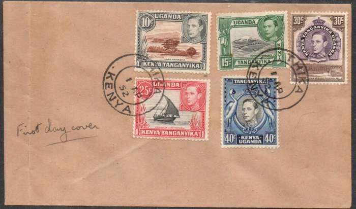 Kenya Uganda Tanganyika GVIR, new colours / values 10c, 15c, 25c, 30c plain, unaddressed FDC THIKA