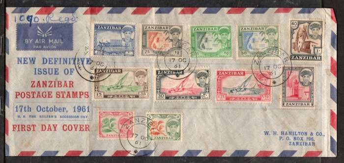 Zanzibar FDCs, 1961, new definitives short set 5c - Sh1.25, ZANZIBAR 17 OC 61 c.d.s.