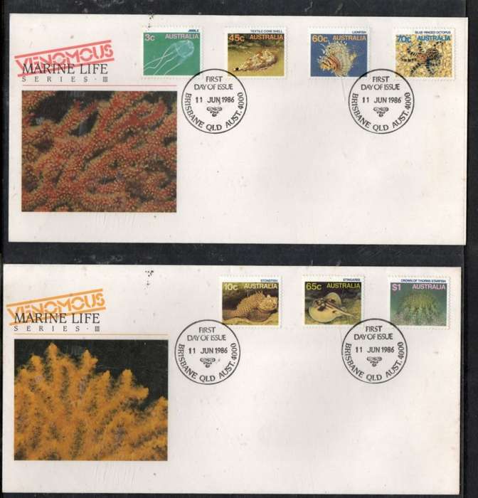 Australia EIIR, FDC Marine Life set of 7 on 2 covers, BRISBANE QLD AUSTRALIA 1986