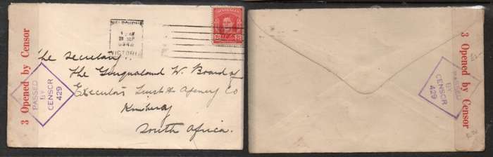 Australia GVIR, 2 1/2d, MELBOURNE 28 SEP 1942 > S.Africa,, OPENED BY CENSOR PASSED BY CENSOR 429