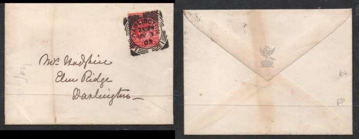Great Britain EVIIR, local cover 1d DARLINGTON MY 3 03 squared c.d.s.