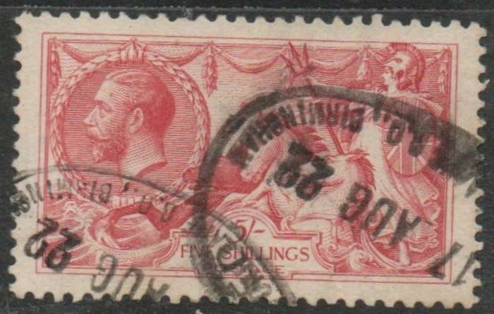 Great Britain, GVR, 1919, 5/, rose-red, Bradbury Wilkinson printing, registered oval d.s used