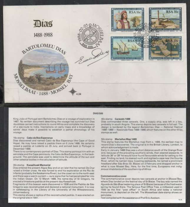South Africa DIAS 1488 -1988, FDC, MOSSEL BAAI 1988-02-03 special c.d.s. Signed