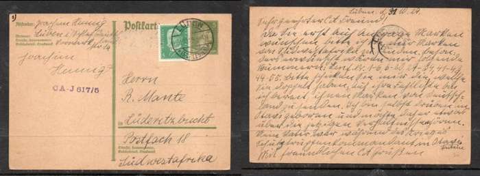 Germany, 5pf stationery card, uprated with 5pf, LUBEN (SCHLESIEN)b 31.10.29 cds > LUDERITZ S.W.Afri