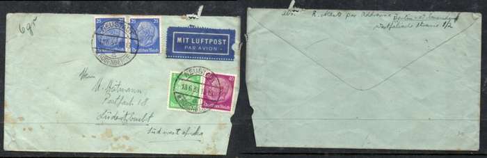 Germany, air 6gr, 95pf, NEUSTADT 13.6.39 c.d.s. >S.W. Africa,