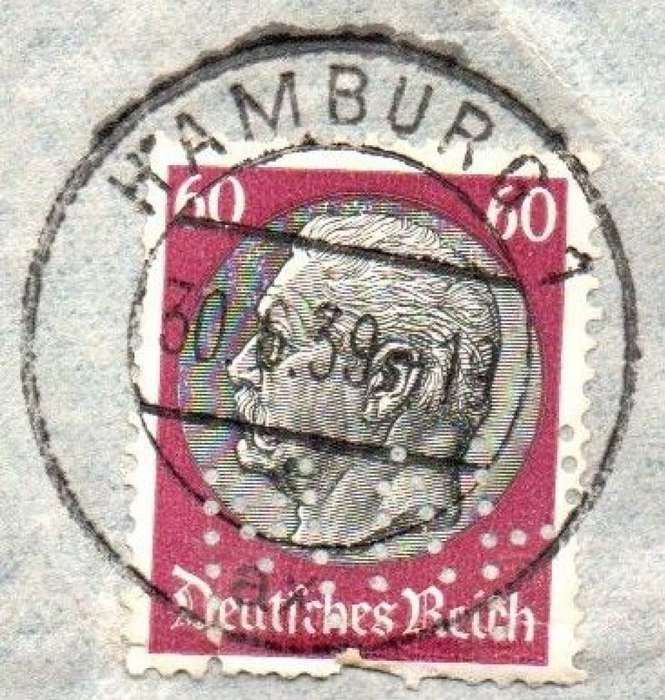 Germany, air 4gr, Hindenberg 60pf, HAMBURG 10.6.39 >S.W. Africa, Perfin HVW: H.von WICHMANN KOM.-GE
