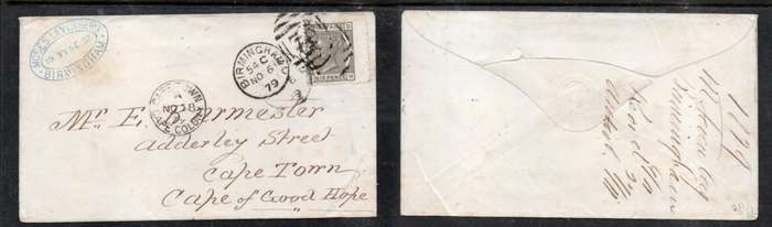 Great Britain,VRI, 6d, BIRMINGHAM NO 6 79 >CAPE TOWN CAPE COLONY, from MOSES LEVENBERG, Jeweller