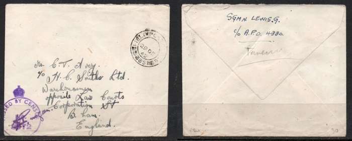 Great Britain, GVIR, WWII cover FIELD POST OFFICE 385 29 DE 42 c,d,s,, Crowned Circle PASSED BY CEN