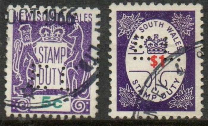 Australia, New South Wales, Stamp Duty, 1966,5c, $1, perfined E L , used
