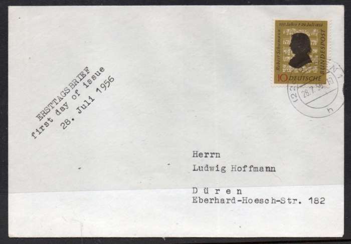 Germany, plain, private First Day Cover, Schumann centenary, DUREN 28.7.56 c.d.s.