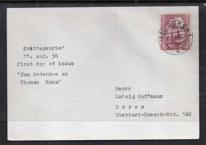 Germany, plain, private First Day Cover, Thomas Mann, DUREN11.8.56 c.d.s.