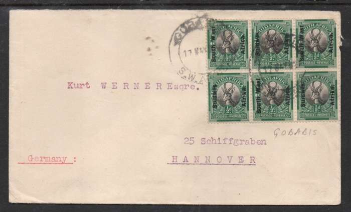 Souith West Africa opt on 1/2d of S.Africa, block of 6, 3d cover, GOBABIS 17 MAY ?? > Germany