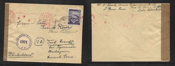 Austria, 60g ST VEIT 7 VII 47 > Germany, OSTERFICHISCHE ZENSURSTELLE 1371, U.S. CIVIL CENSORSHIP MU