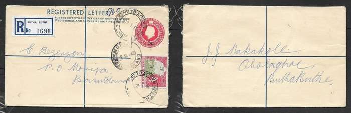 Basutoland EIIR 1961, 6d registered envelope + 2 1/2d stamp used BUTHABUTHE 30 I 62 > MOJIRA