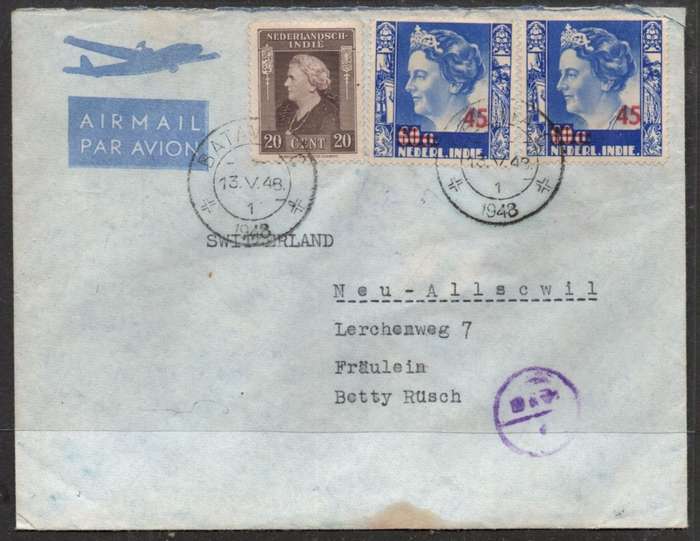 Netherlands Indies, air mail, multi colour franking, 110c, BATAVIA 13 V 1948, cds > Switzerland