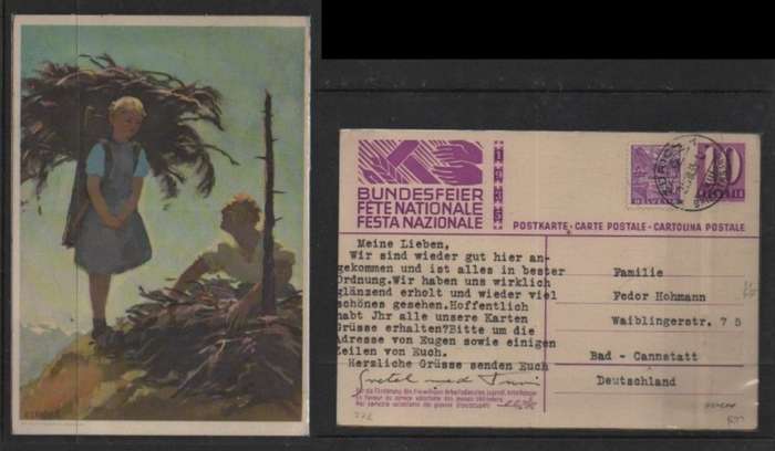 Switzerland, Bundesfeier, 10c postal card + 10c adhesive, used ZURICH 21 VIII 35cds > Germany