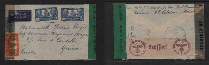New Caledonia, air mail, 23 Fr, > Switzerland , 3 censor labels, 2 cachets, no dates.