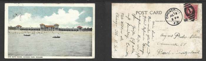 USA, Bath House, Jackson Park, Chicago, used 2c, CHICAGO F.D. JUL 19 1921 duplex 1 > Switzerland