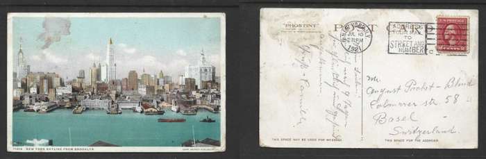 USA, New York Skyline from Brooklyn, used 2c, NEW YORK JUL 16 1921 > Switzerland