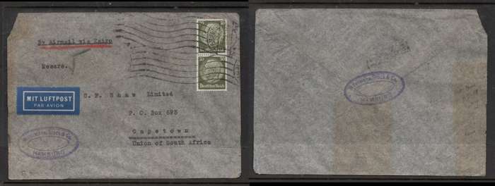Germany, WOERMAN, BROCK & Co., air mail, 60pf (2 x 30pf Hindenburg), HAMBURG 8.5.35 > S. Africa