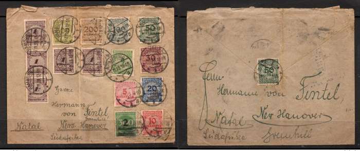 Germany, inflation, cover 16 stamps, 5,971.000,000 Mk, HAMBURG 7.11.23, > New Hanover, S. Africa
