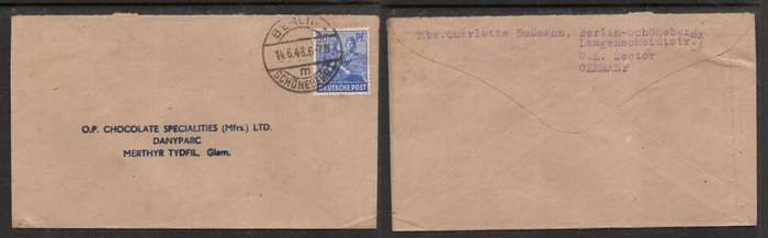 Germany Allied Occupation, 50pf blue, BERLINSCHONEGER 21 / 14/6/48 c.d.s. > UK
