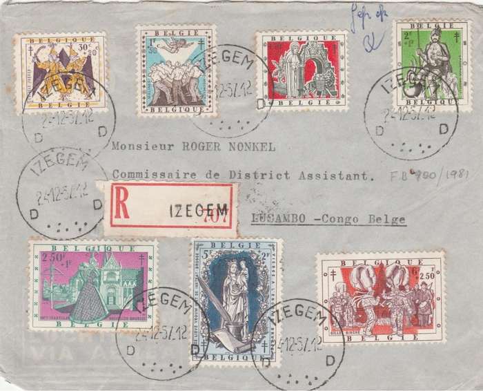 Belgium 1957Anti TB + charities,set,, air, registered, ZEGEM 24.12.57> LUSAMBU , Belgian Congo , LU