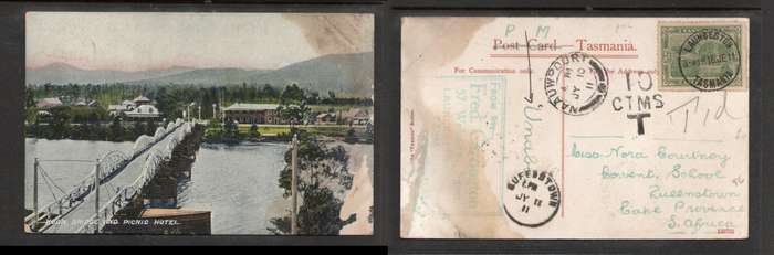 Australia, Huon Bridge & Picnic Hotel, used 1/2d LAUNCESTON16 JE 11 > QUEENSTOWN (S.Africa), NAAUPO