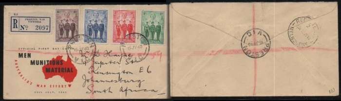 Australia, Imperial Forces FDC PRESTON 15 JY 40 > S.Africa, REGISTERED MELBOURNE transit
