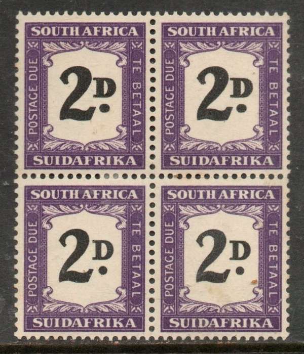 South Africa, 1949, 2d Postage Due,(SUIDAFRIKA) block of 4, top pair `thick 2D` MH *