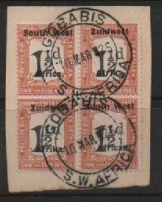 South West Africa, Postage Due, 1924, 1 1/2d, block of 4, used GOBABIS 10 MAR 25 c.d.s.